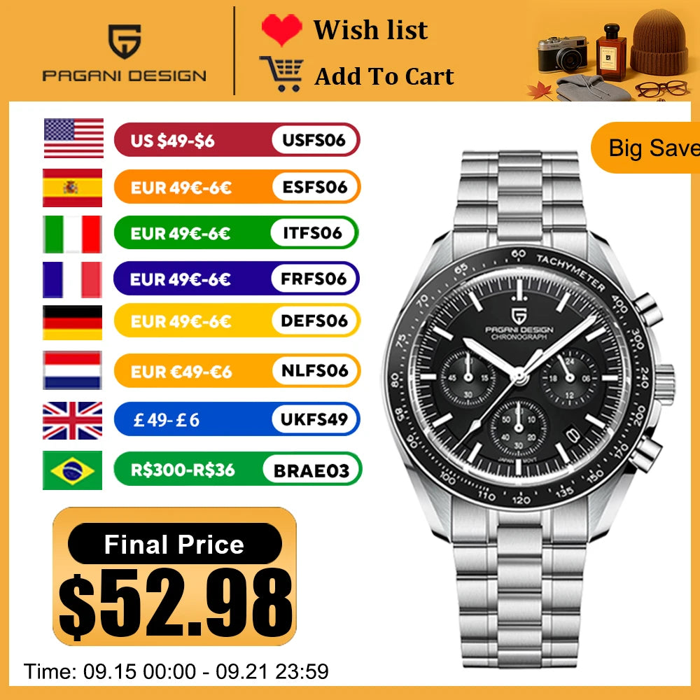 2025 New PAGANI DESIGN V5 Moon Men's Watches Top Luxury Quartz Watch For Men Chronograph Waterproof Sport Stainless Steel Clock