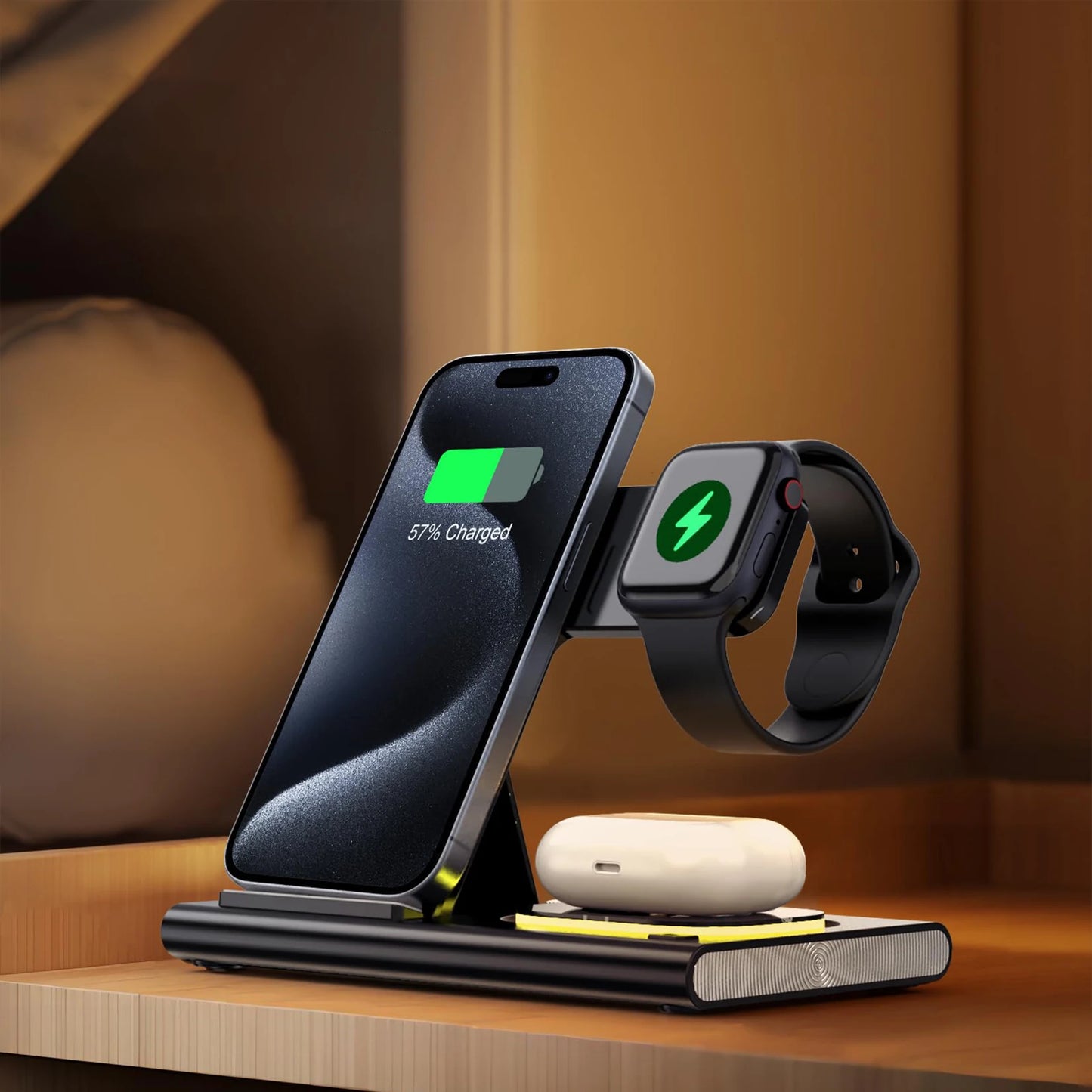 Wireless Charger Station, 4 in 1 Foldable 15W Fast Charging Wireless Charging Station with Night Light for iPhone iPods iWatch