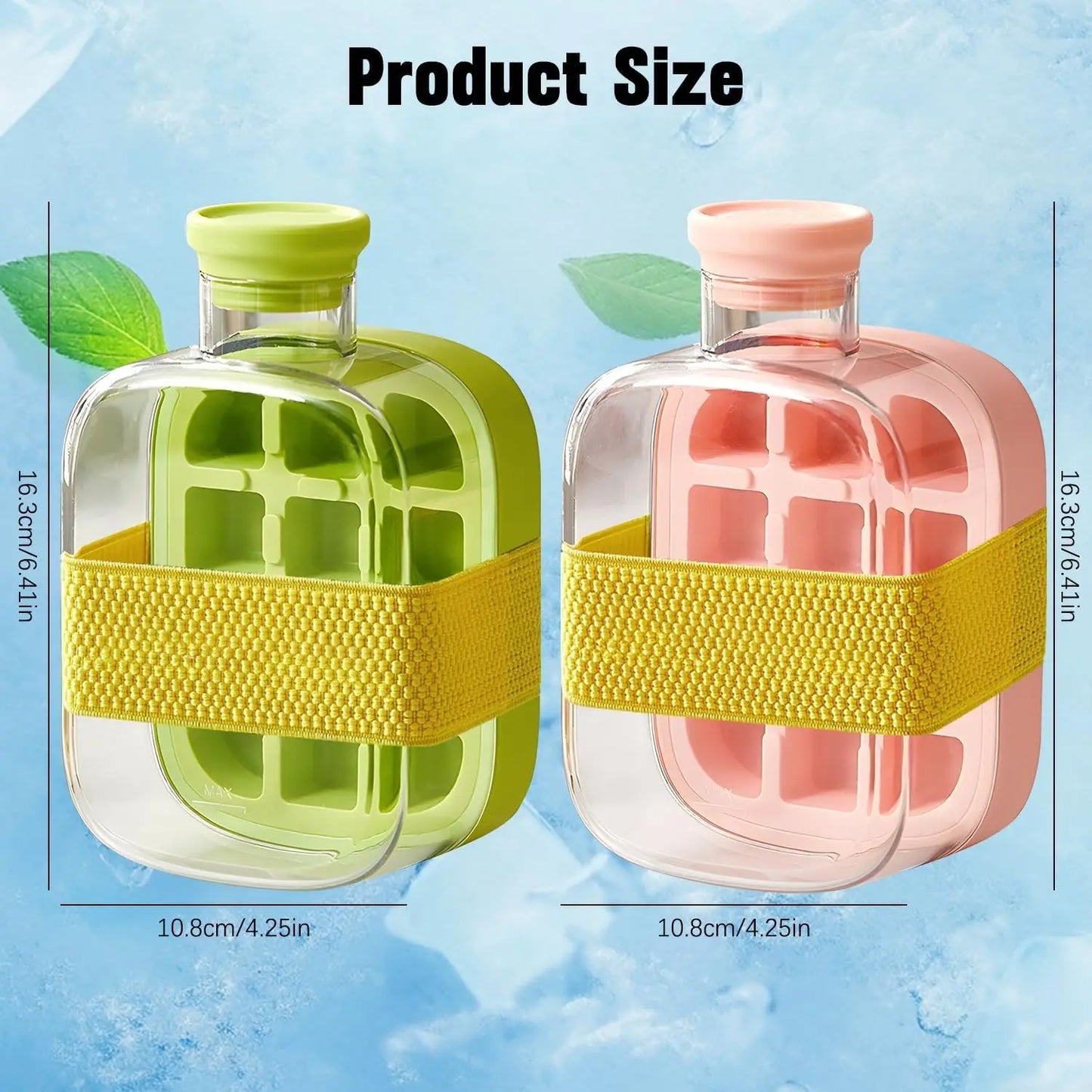 Cube Bottle, 2 in 1 Ice Cube Mold Water Bottle with Lid and Bin, Ice Bottle Cup, Easy Press to Release Vertical Ice Cube Tray wi