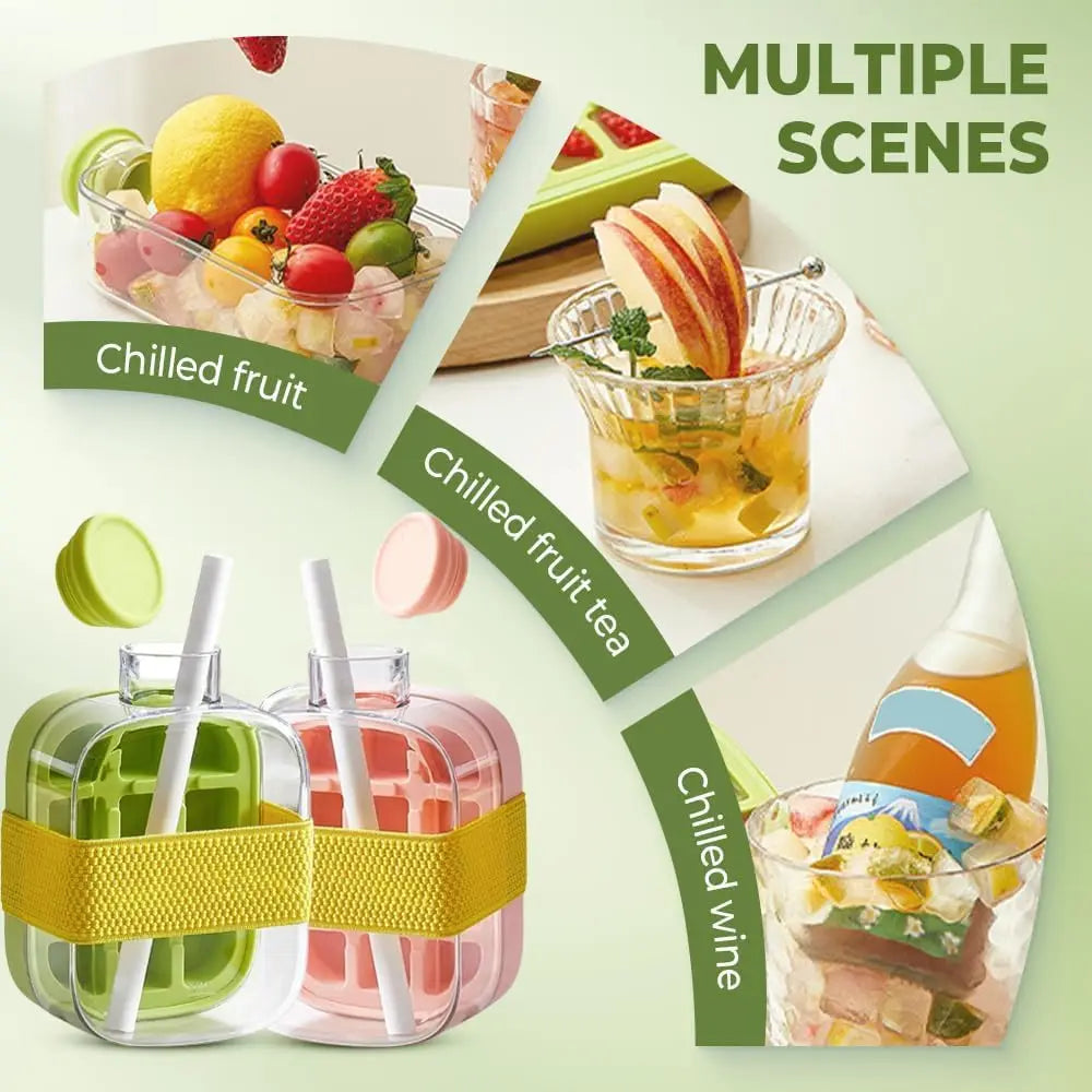 Cube Bottle, 2 in 1 Ice Cube Mold Water Bottle with Lid and Bin, Ice Bottle Cup, Easy Press to Release Vertical Ice Cube Tray wi