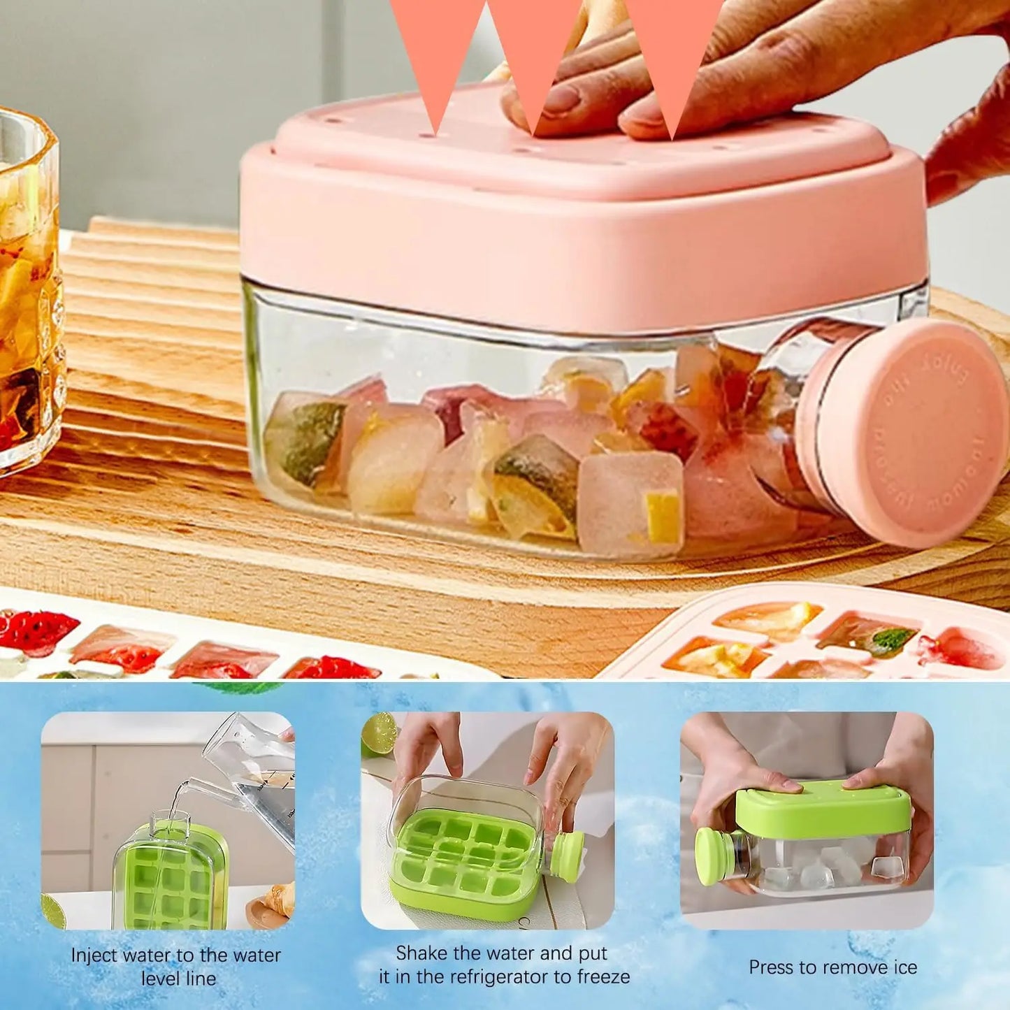 Cube Bottle, 2 in 1 Ice Cube Mold Water Bottle with Lid and Bin, Ice Bottle Cup, Easy Press to Release Vertical Ice Cube Tray wi