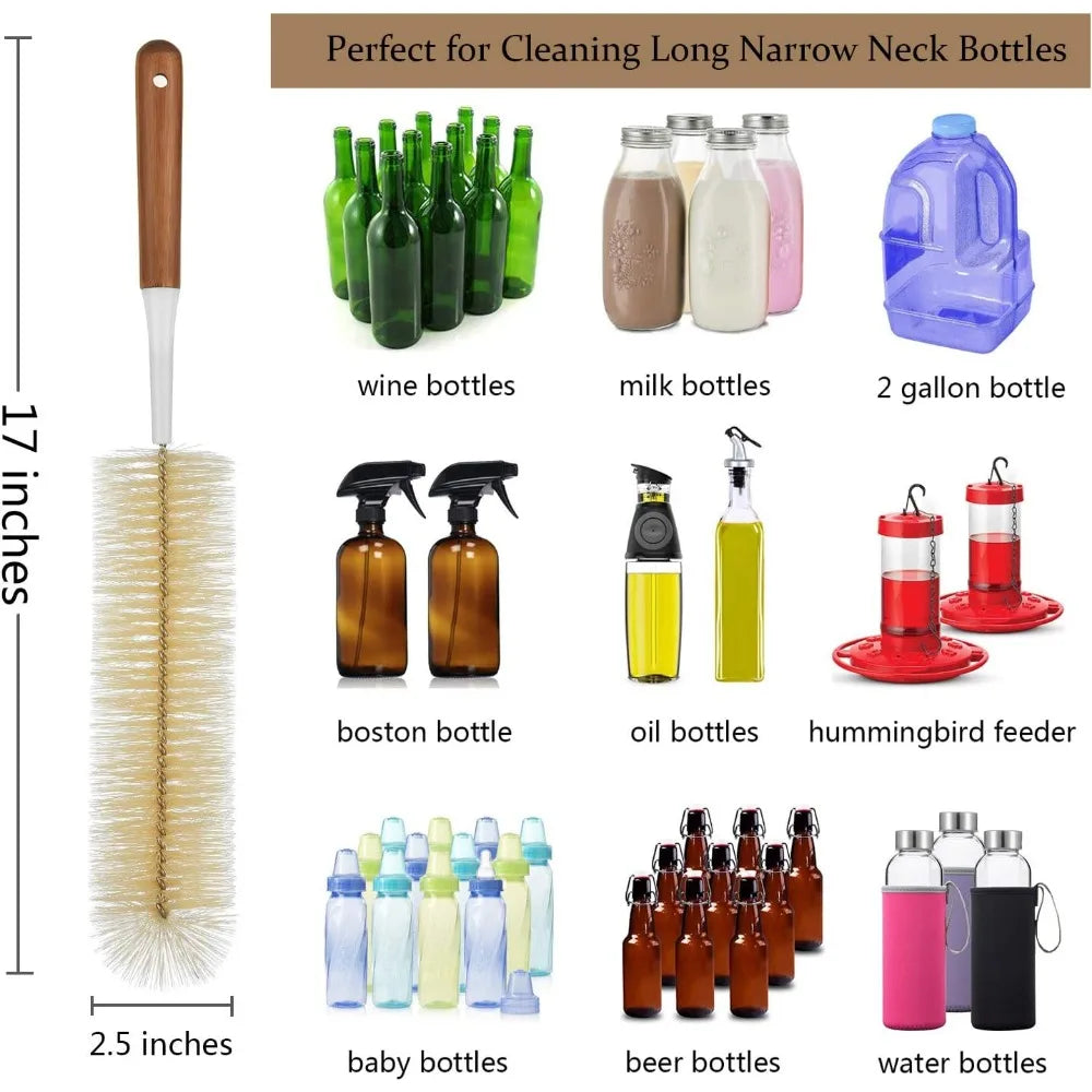 5-pack bottle brush cleaner - long bamboo handle water bottle straw cleaning brush for washing narrow neck beer wine decanter,