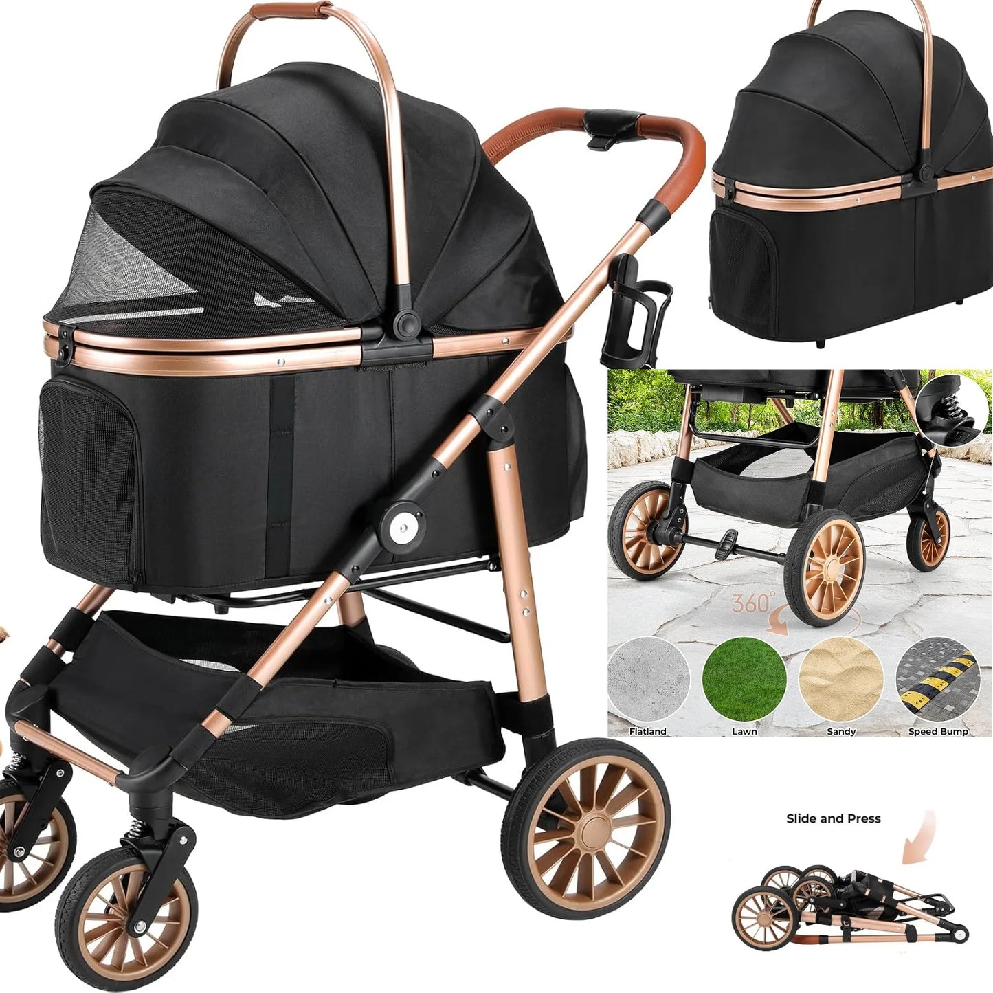 360 Degree High Wheels Foldable Pet Stroller 2 In 1 Dog Cat