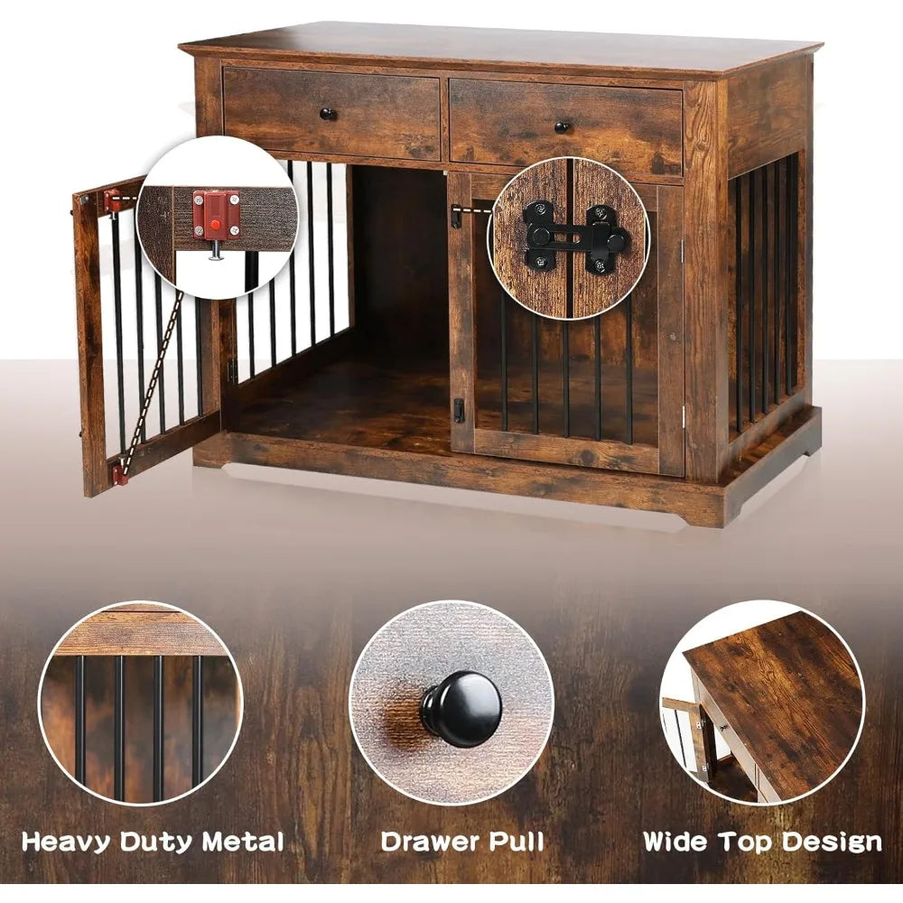 44 Inch Wooden Dog Crate End Table With Storage Drawers