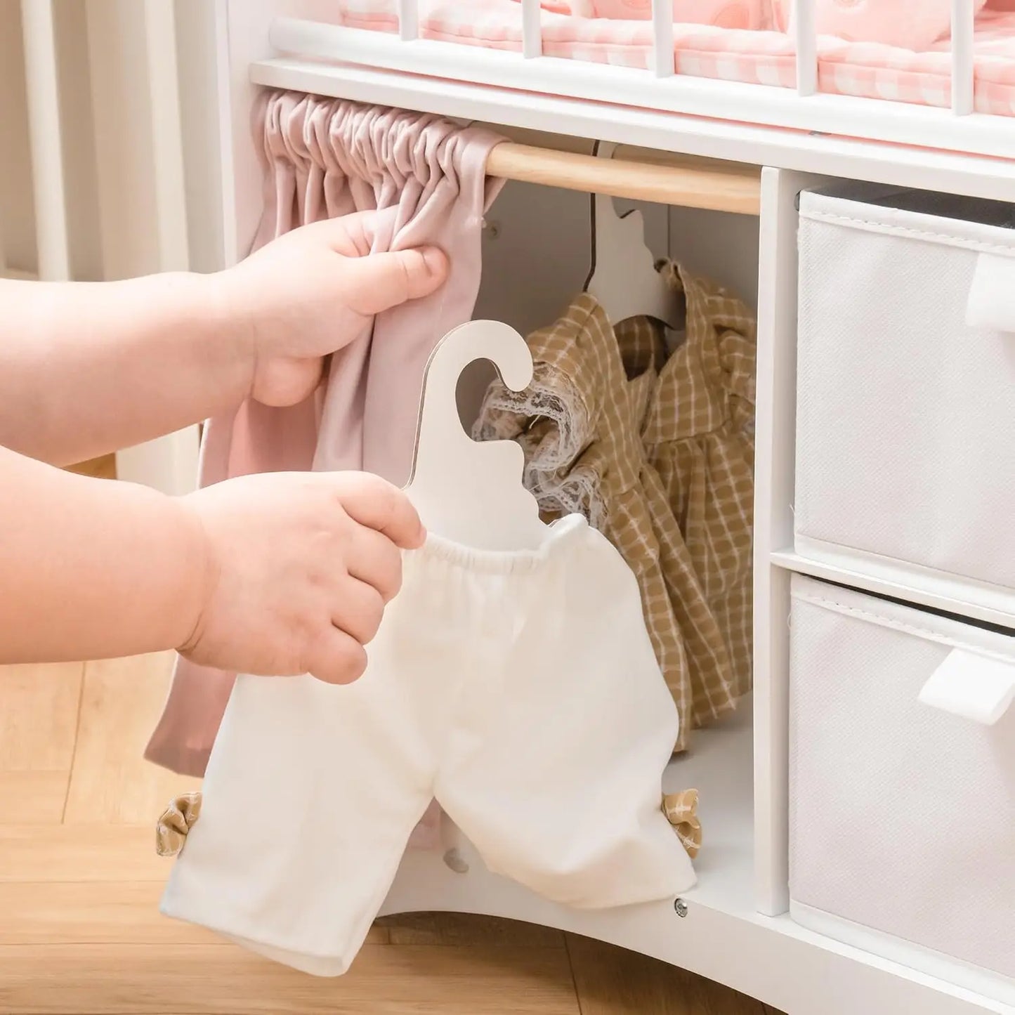 Robotime Pink Baby Doll Crib With Storage Bedding And Hooks