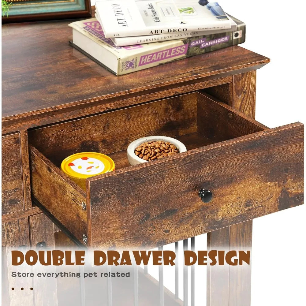 44 Inch Wooden Dog Crate End Table With Storage Drawers