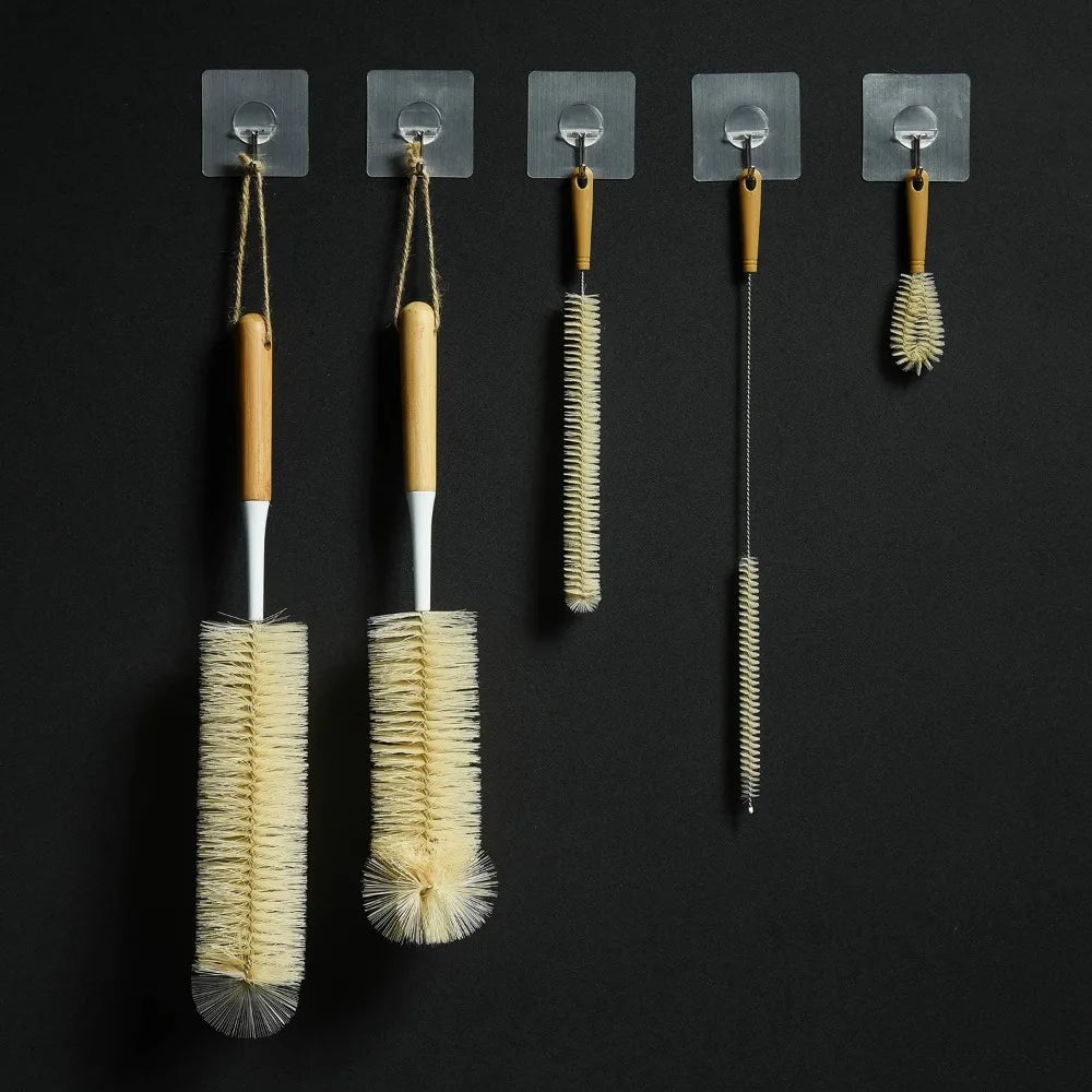 5-pack bottle brush cleaner - long bamboo handle water bottle straw cleaning brush for washing narrow neck beer wine decanter,