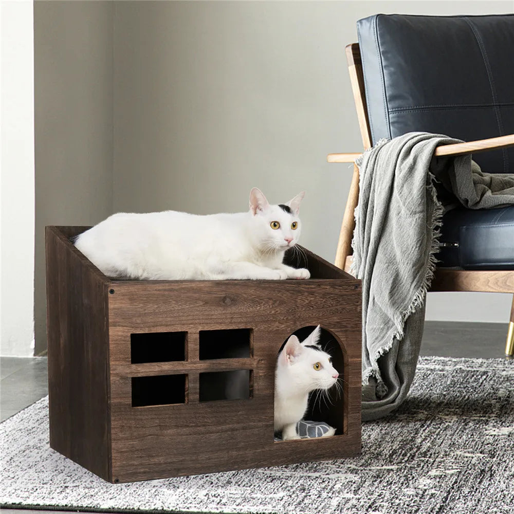 Durable Wooden Cat Cave Bed With Top Storage Shelf