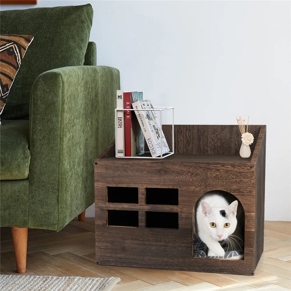 Durable Wooden Cat Cave Bed With Top Storage Shelf