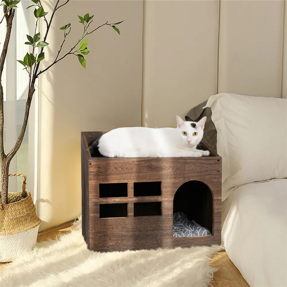 Durable Wooden Cat Cave Bed With Top Storage Shelf