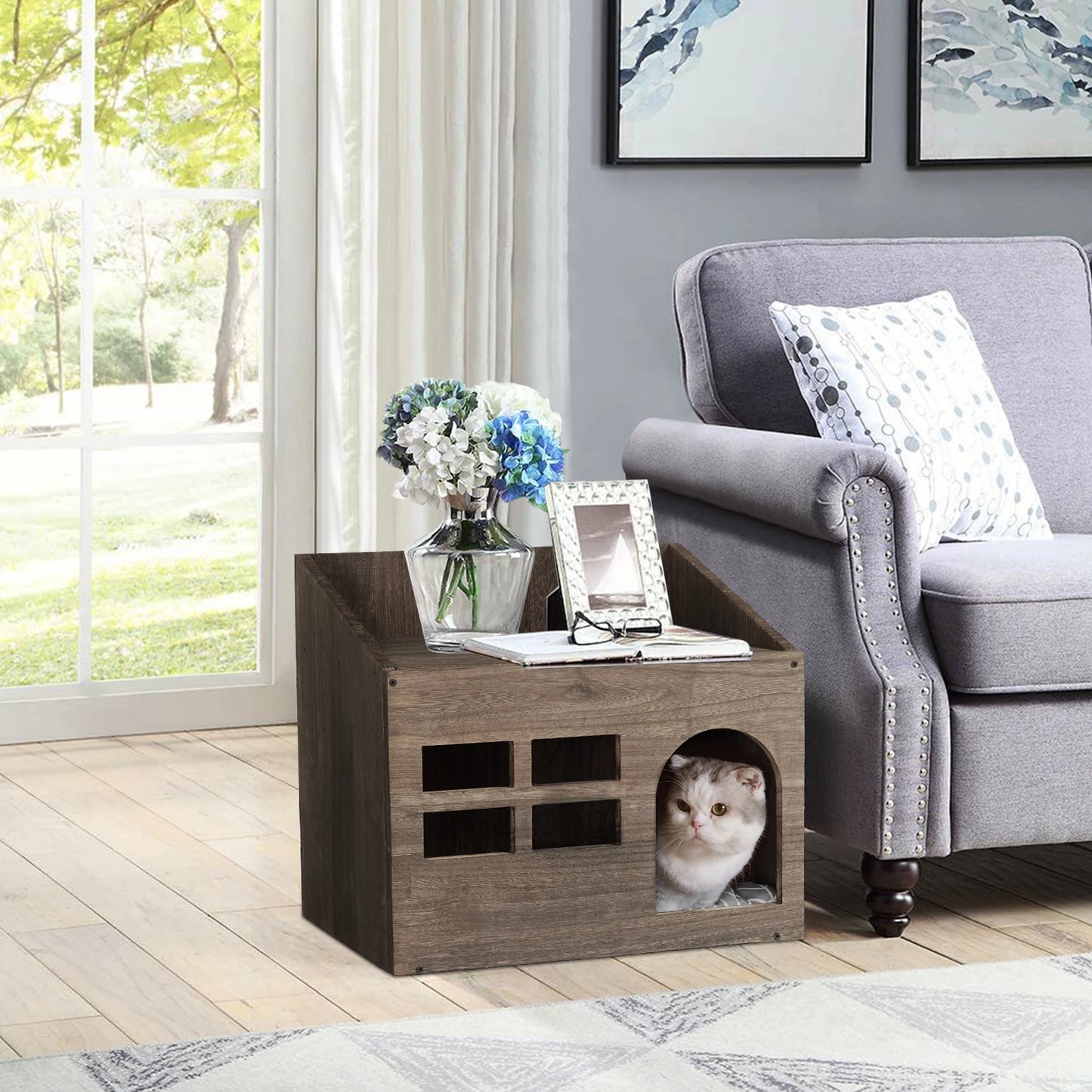 Durable Wooden Cat Cave Bed With Top Storage Shelf