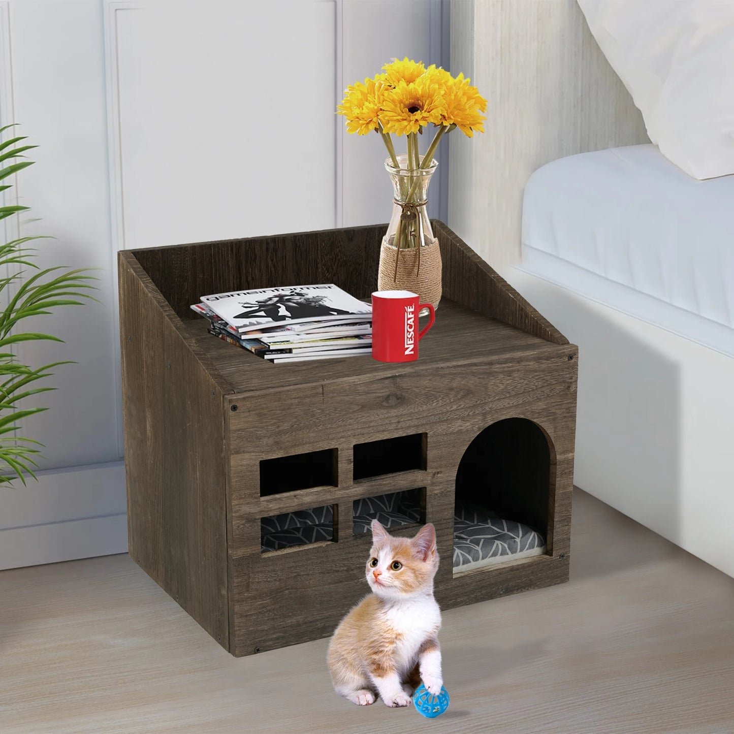 Durable Wooden Cat Cave Bed With Top Storage Shelf