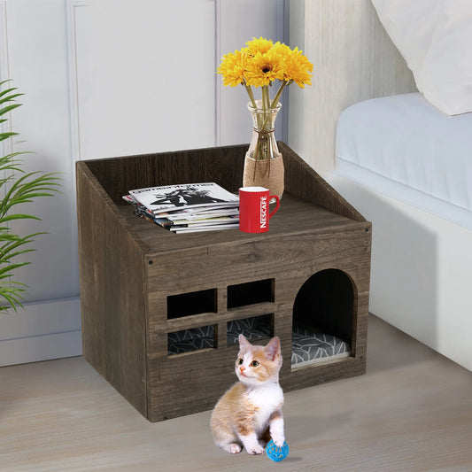 Durable Wooden Cat Cave Bed With Top Storage Shelf