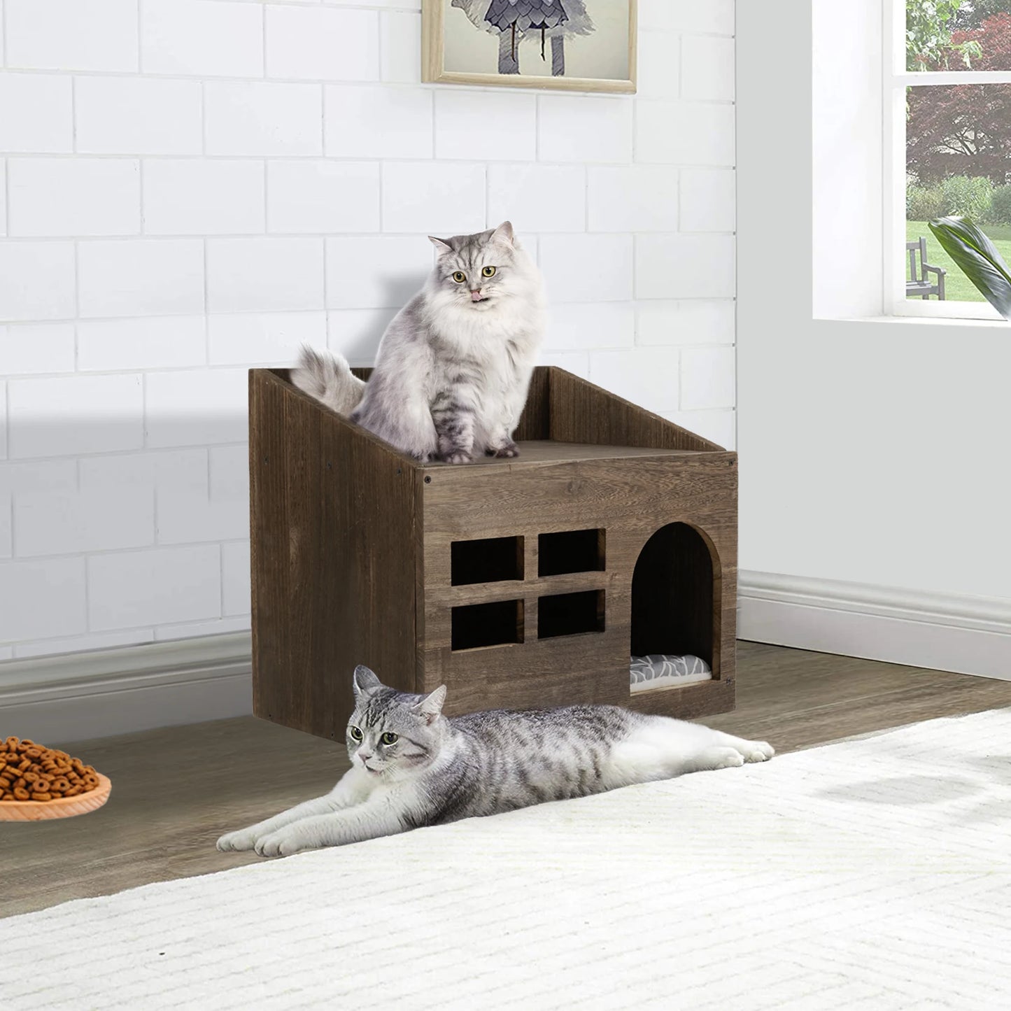 Durable Wooden Cat Cave Bed With Top Storage Shelf