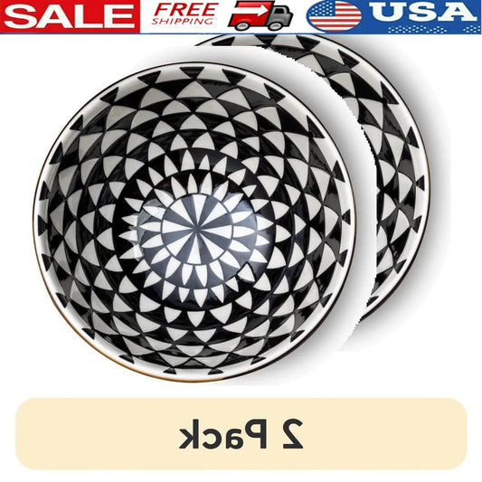 2 Pack Stoneware Dinner Bowls Black White Medallion Durable Microwave Dishwasher Safe Elegant Tableware Ceramic Serving Plates