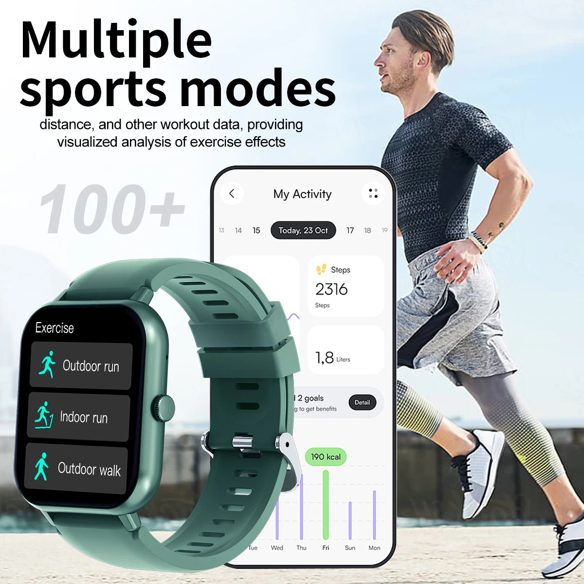 Smart watch with multiple sports modes, wireless calls, weather forecast, custom dials, compatible with Android and iPhone