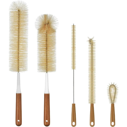5-pack bottle brush cleaner - long bamboo handle water bottle straw cleaning brush for washing narrow neck beer wine decanter,