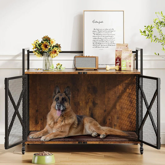 Large Wooden Dog Crate End Table Indoor With Lockable Wheels