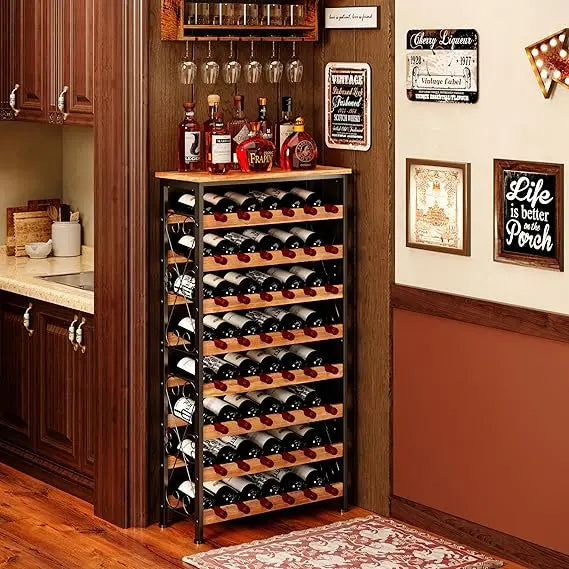 Freestanding 8-Tier Wooden Top Wine Rack for Floor Storage in Kitchen and Pantry