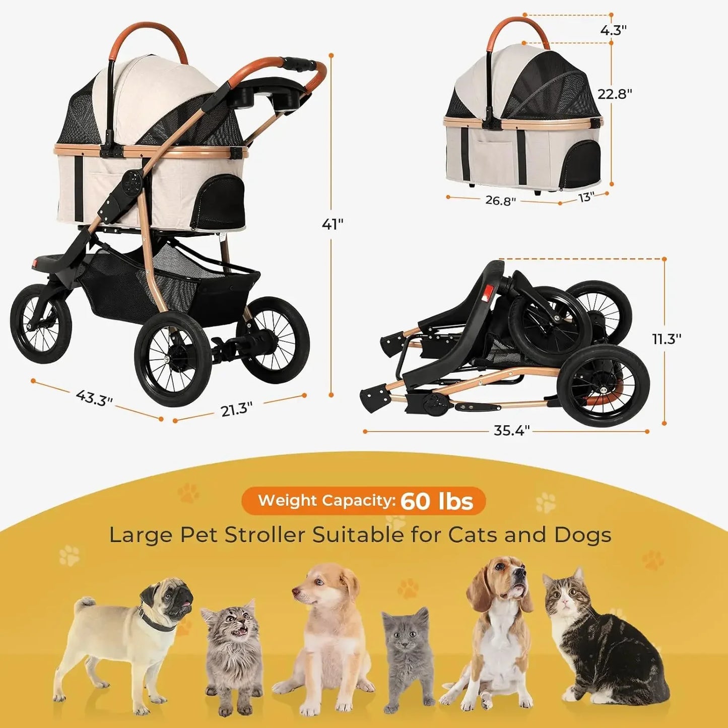 Premium 3-In-1 Large Pet Stroller With Detachable Carrier
