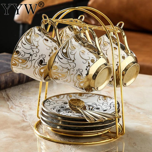 Ceramic Coffee Cup Saucer Scoop Set with Cup Holder European Porcelain Bone China Luxury Teaware Heat Resistant Restaurant Cup