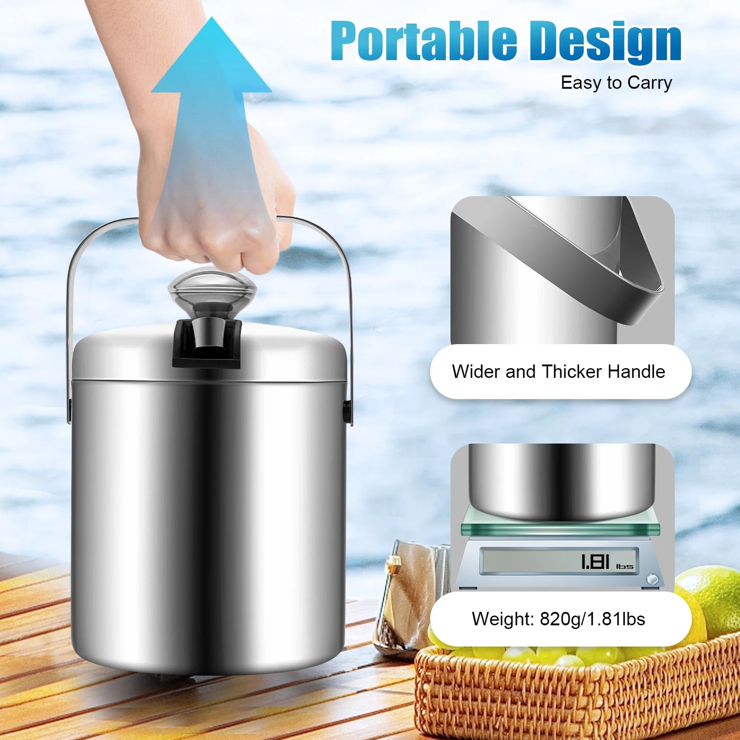 1.3L Portable Double-Walled Ice Bucket with Tongs Lid Stainless Steel Ice Cube Container For Wine/Drinking/Beer Cooler