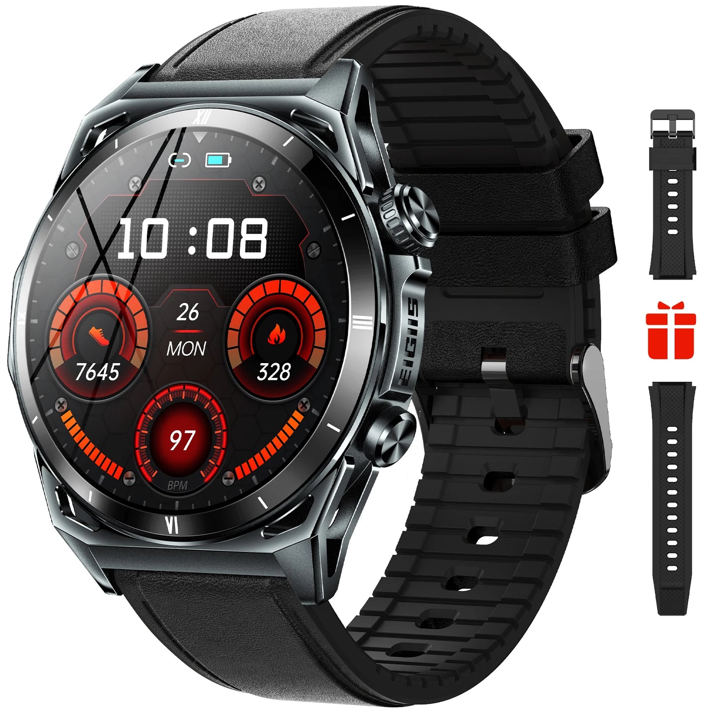 EIGIIS New Smart Watch KE6 1.43 Inch AMOLED Display Men Black Sports Watch KE Series Bluetooth Call Health Monitor IP68 Waterproof