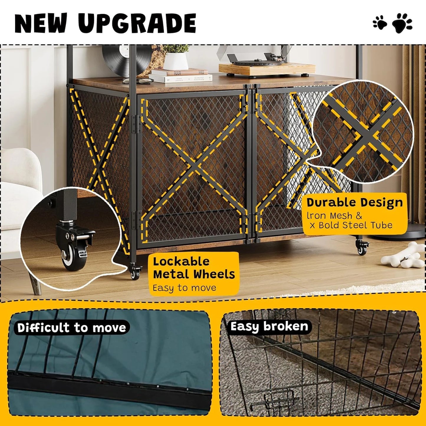 Large Wooden Dog Crate End Table Indoor With Lockable Wheels