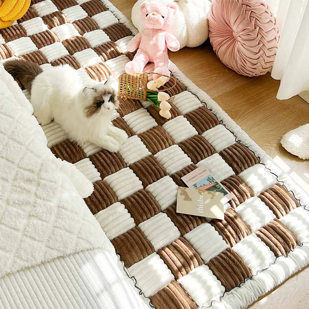 Cream Plaid Dog Bed Mat Cushion Anti Slip Washable Cover