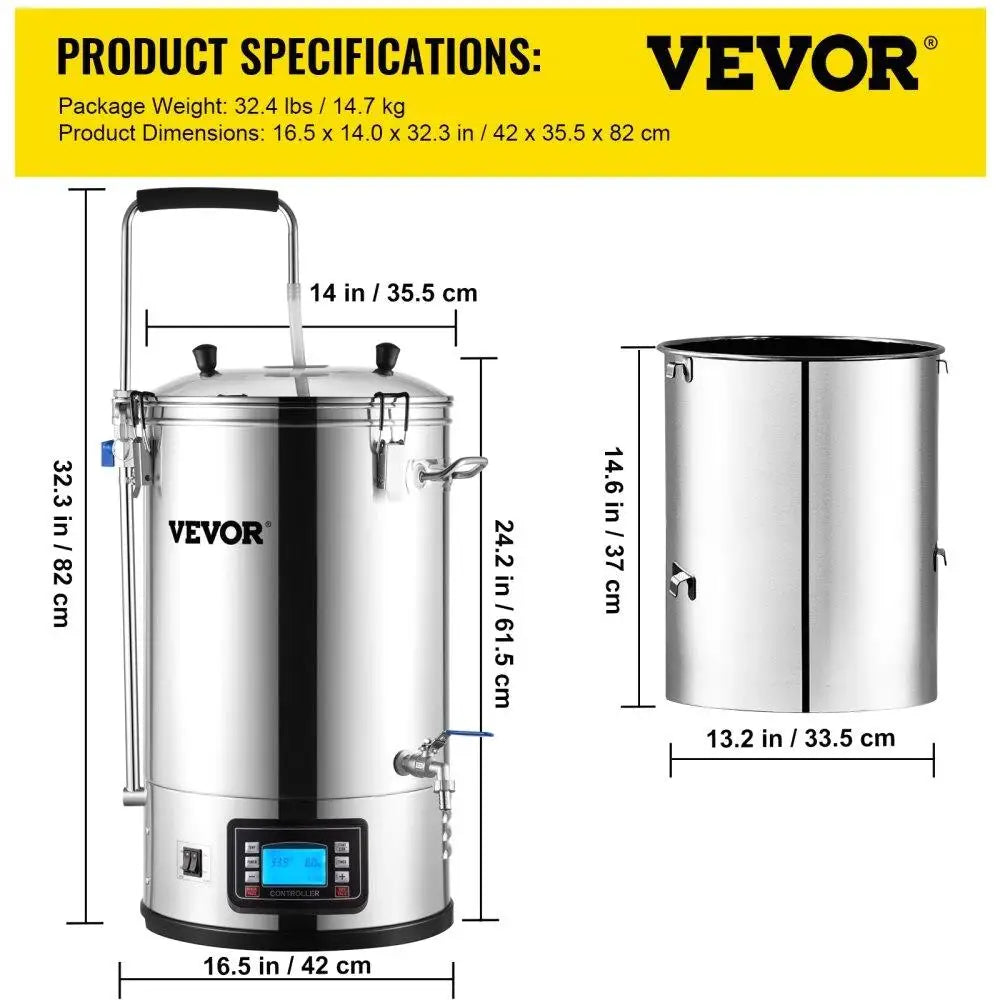 Electric Home Beer Brewing System 9.2 Gal 35 L All-in-One Brewing Pot with Pump Mash Boil Device Digital Panel Auto Manual Mode