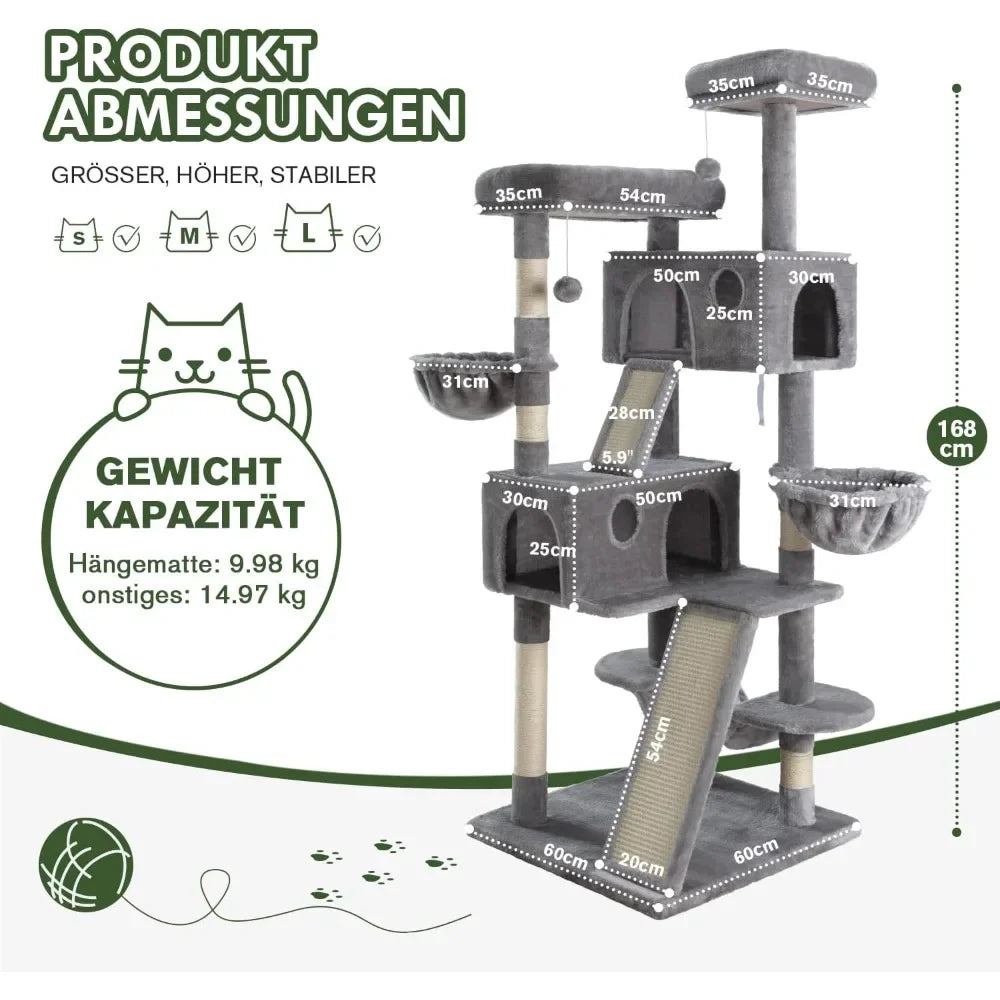 66 Inches Large Cat Tree Tower Multi Level Plush Perches Condo Sisal Scratching Posts Hammock for Big Cats