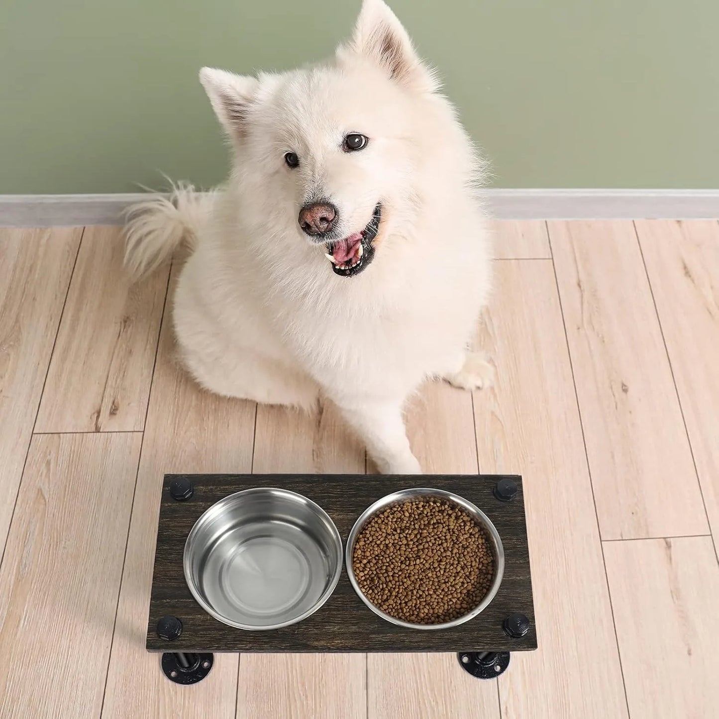 Raised Dog Bowl Stand For Large Dogs With 2 Stainless Bowls