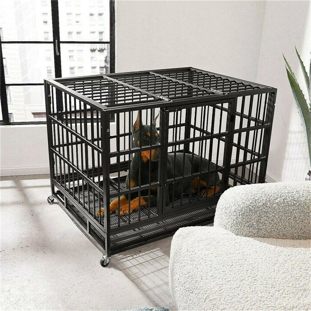 XXL Heavy Duty Square Tube Dog Crate With Lockable Wheels
