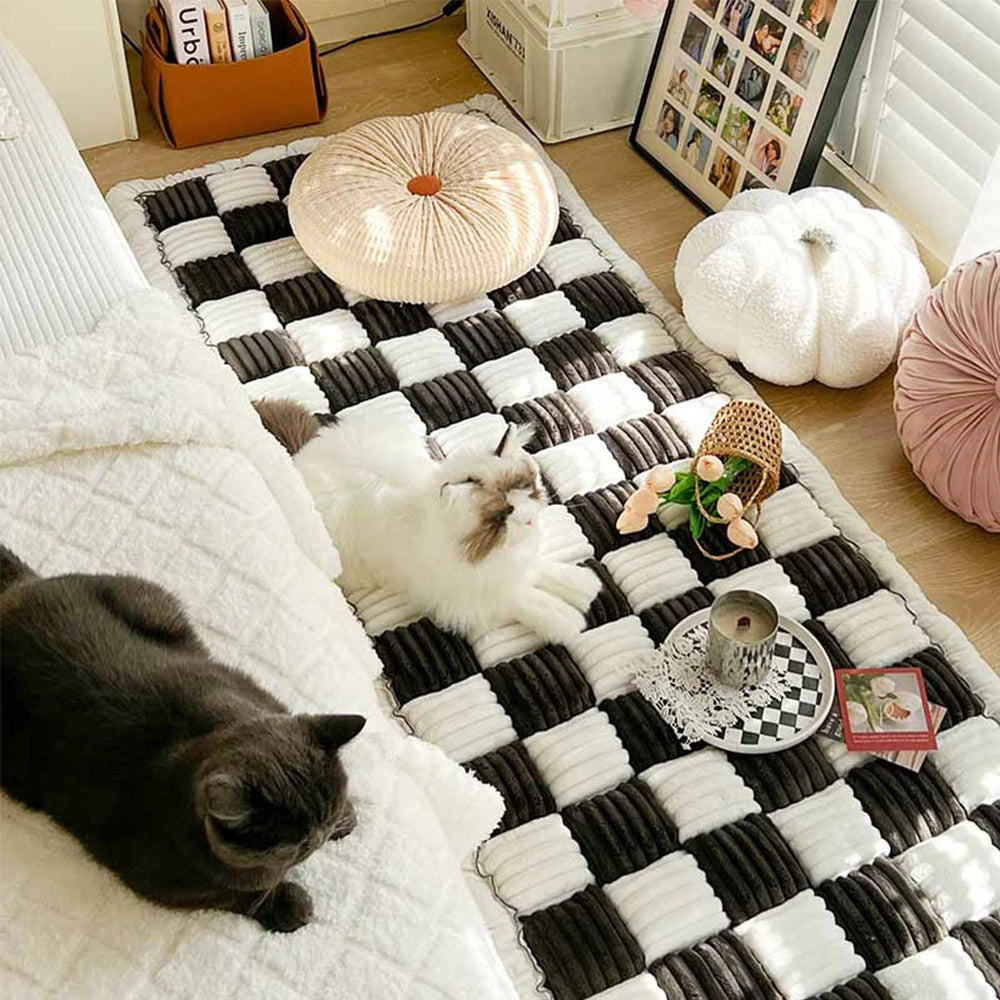 Cream Plaid Dog Bed Mat Cushion Anti Slip Washable Cover