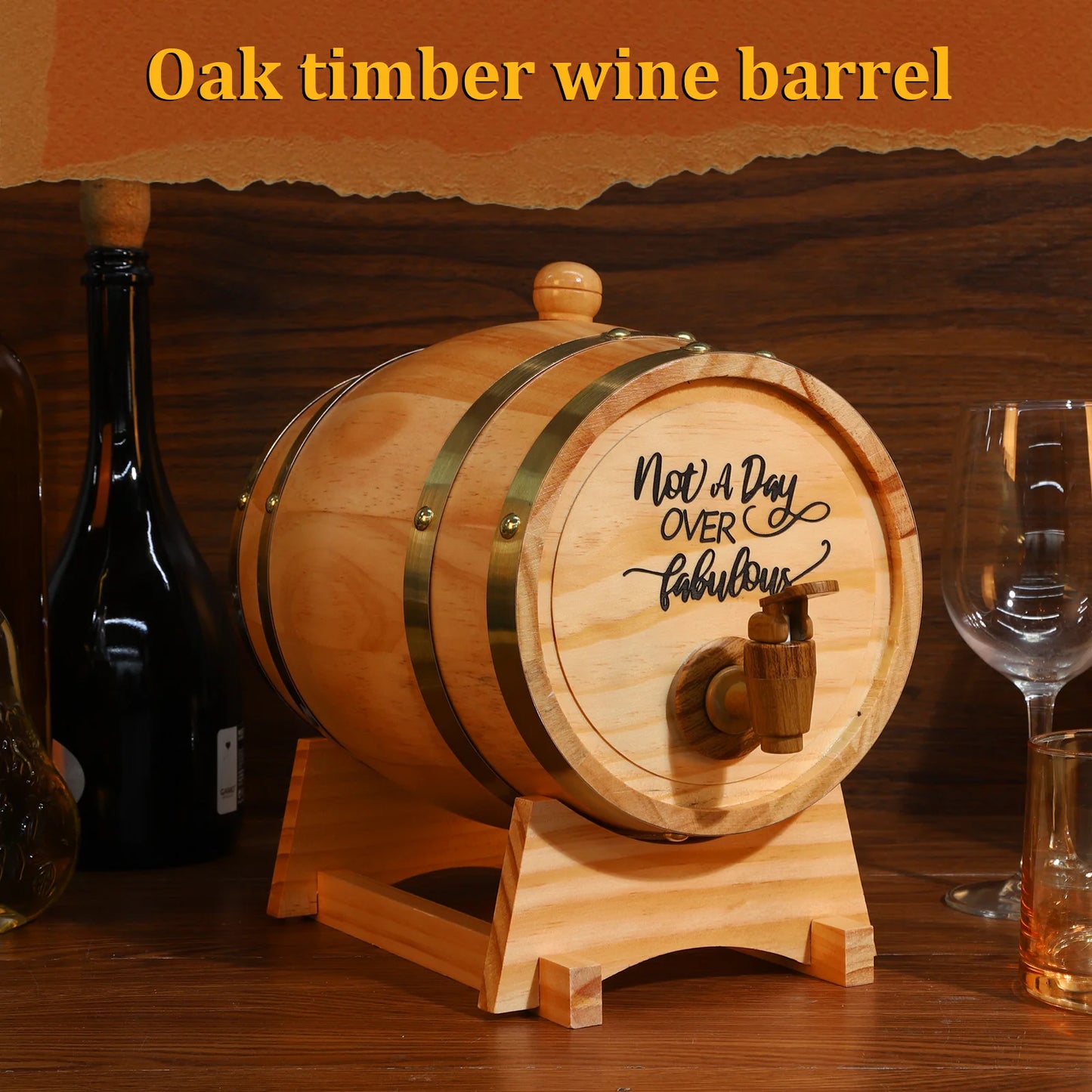 3L Retro Wine Barrel With Stand & Spigot Pine + Plastic Wooden Whiskey Aging Barrels Cocktails Beer Storage Container Dispenser