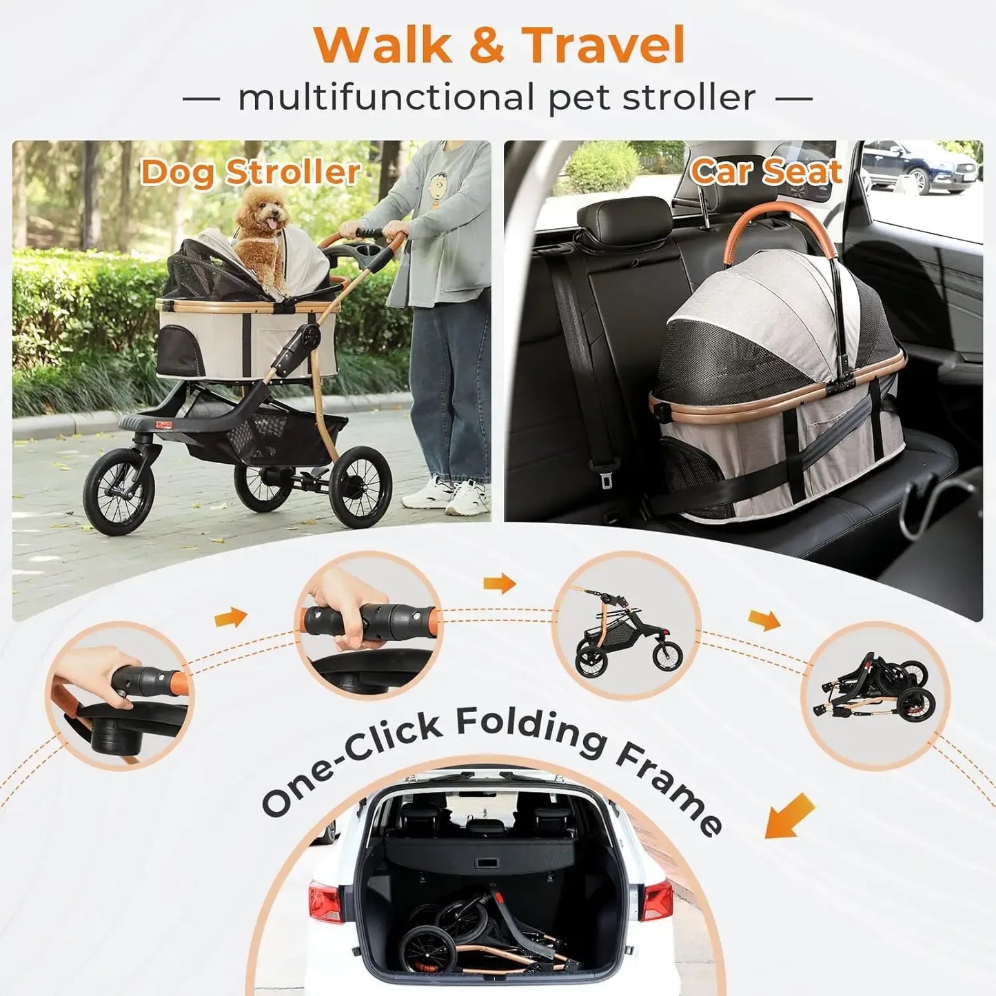 Premium 3-In-1 Large Pet Stroller With Detachable Carrier