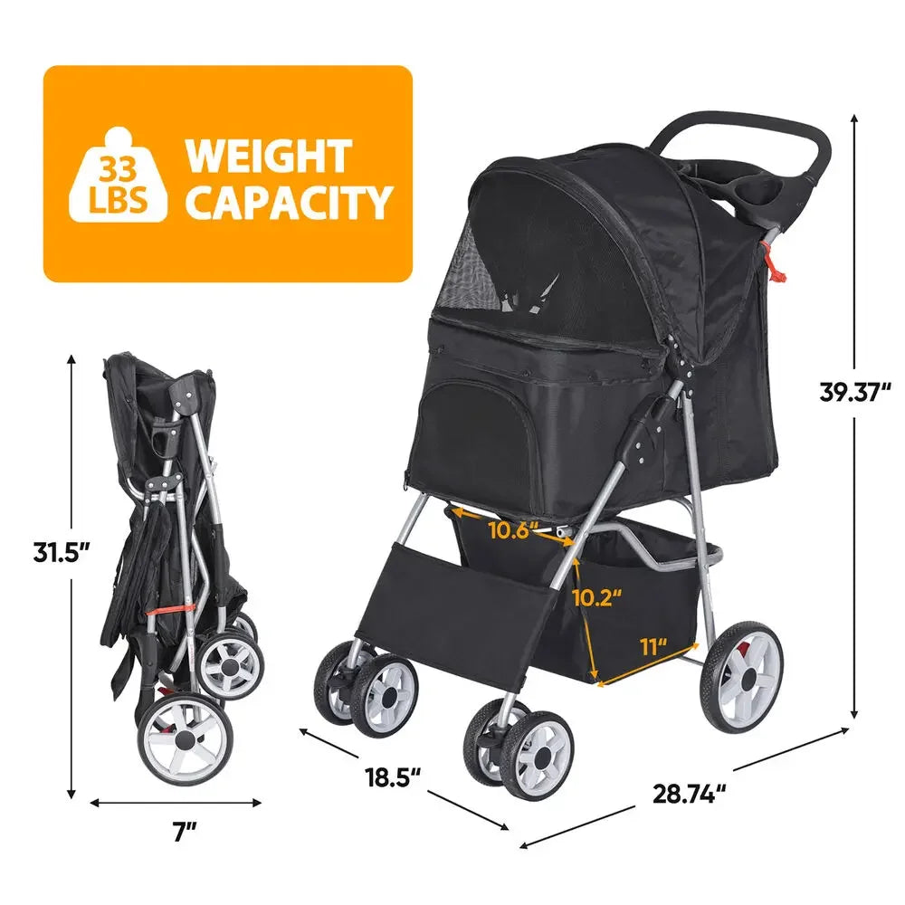 Dog Stroller Pet Travel Carriage 4 Wheeler Foldable Carrier