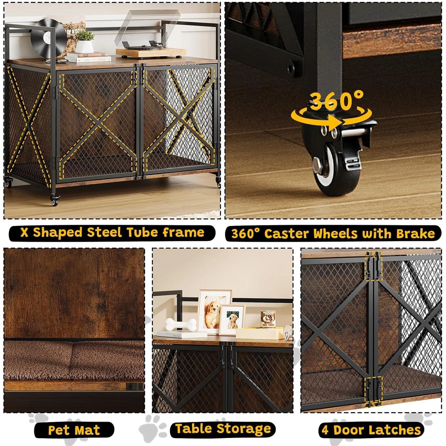 Large Wooden Dog Crate End Table Indoor With Lockable Wheels