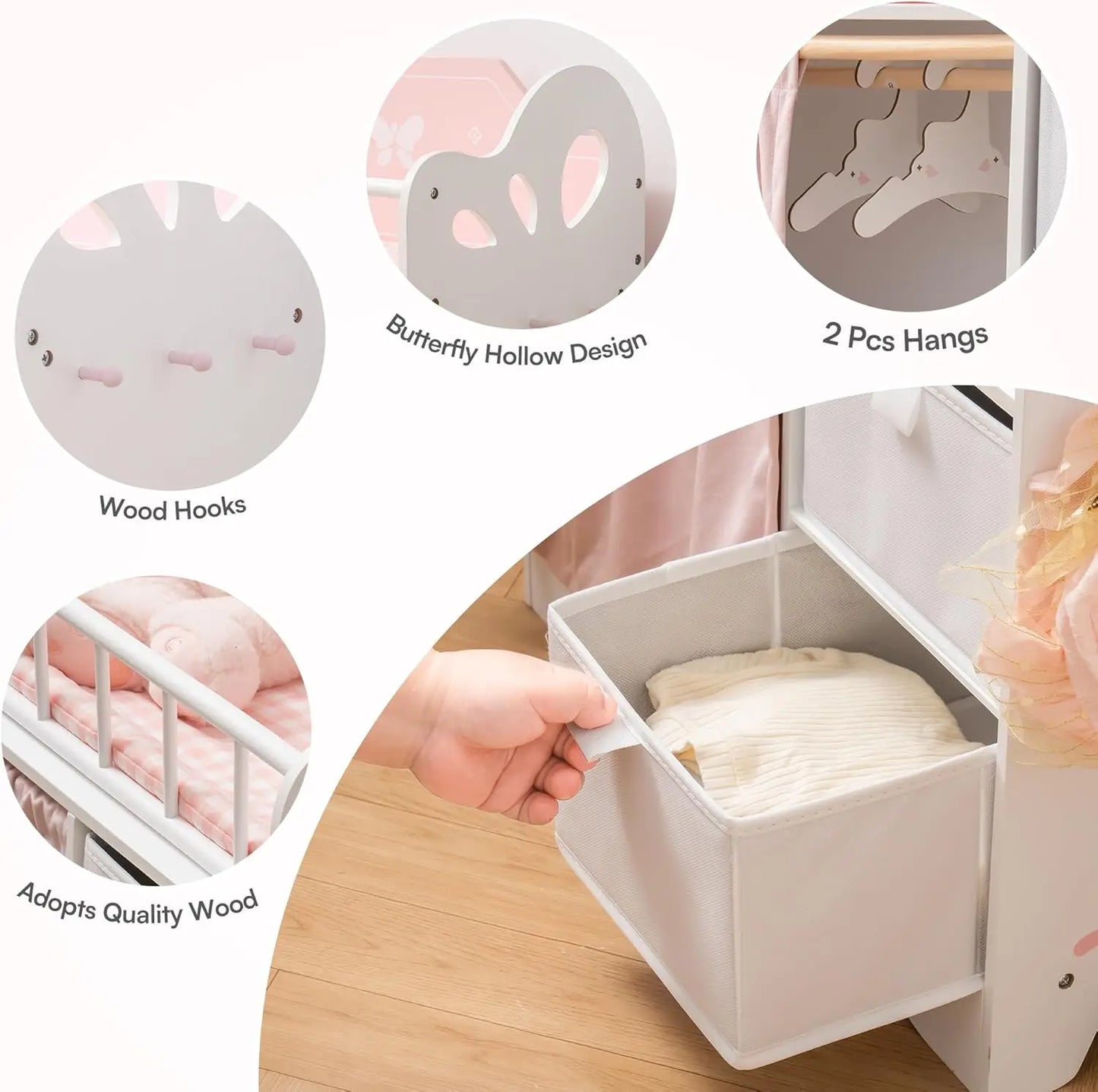 Robotime Pink Baby Doll Crib With Storage Bedding And Hooks