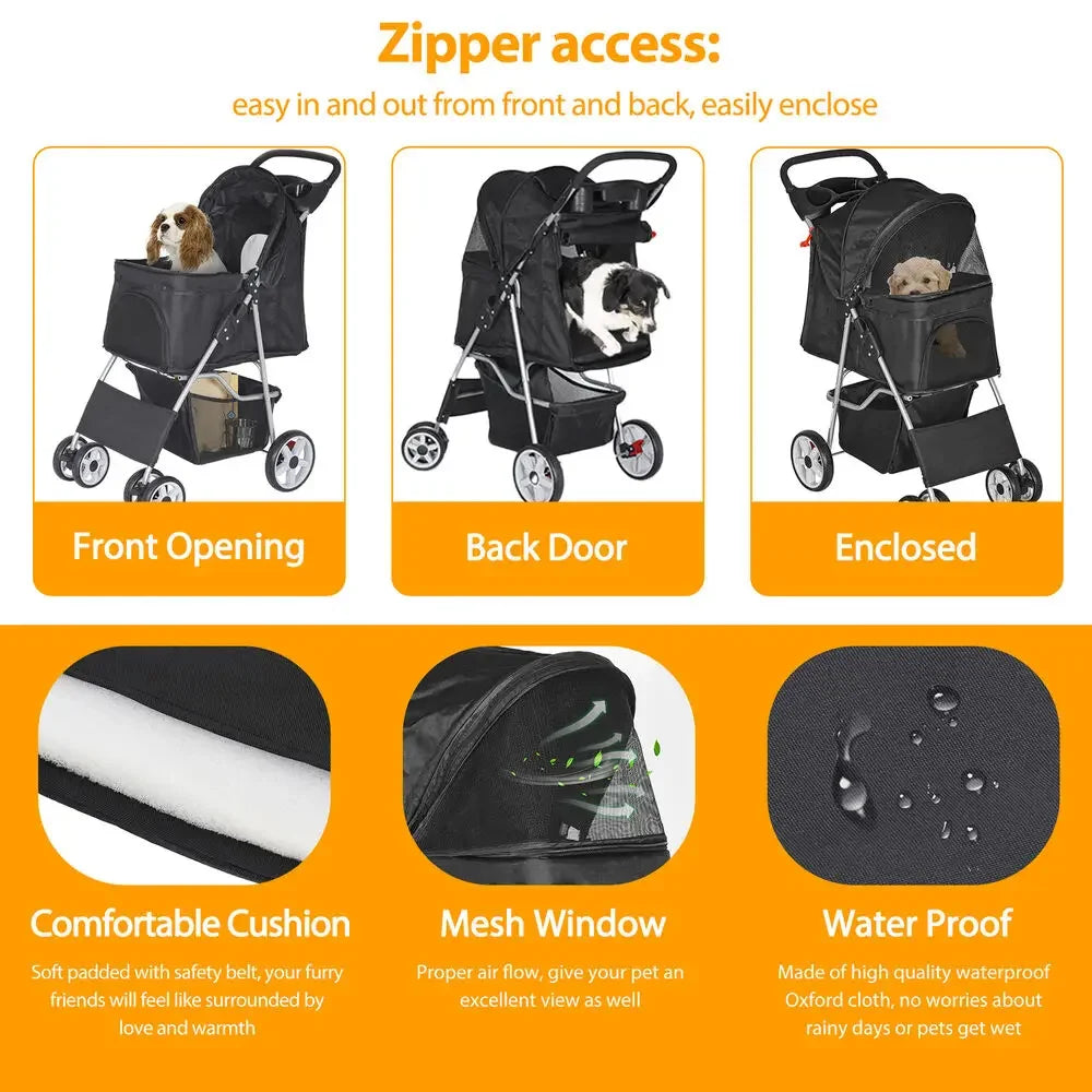 Dog Stroller Pet Travel Carriage 4 Wheeler Foldable Carrier