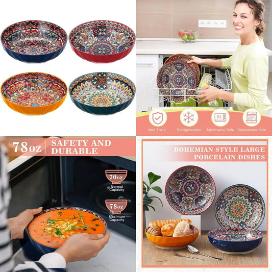 Extra Large Bohemian Ceramic Serving Bowls Set of 4 - Ideal for Salad, Soup, Fruit, Pasta, Cereal, and Microwave Use