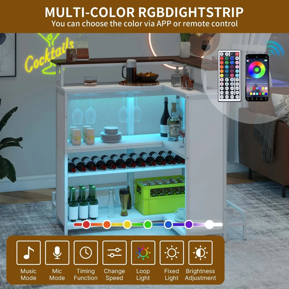 L Shaped Mini Home Bar Unit Wine Rack Glasses Hanger with Music Sensing LED Ligh