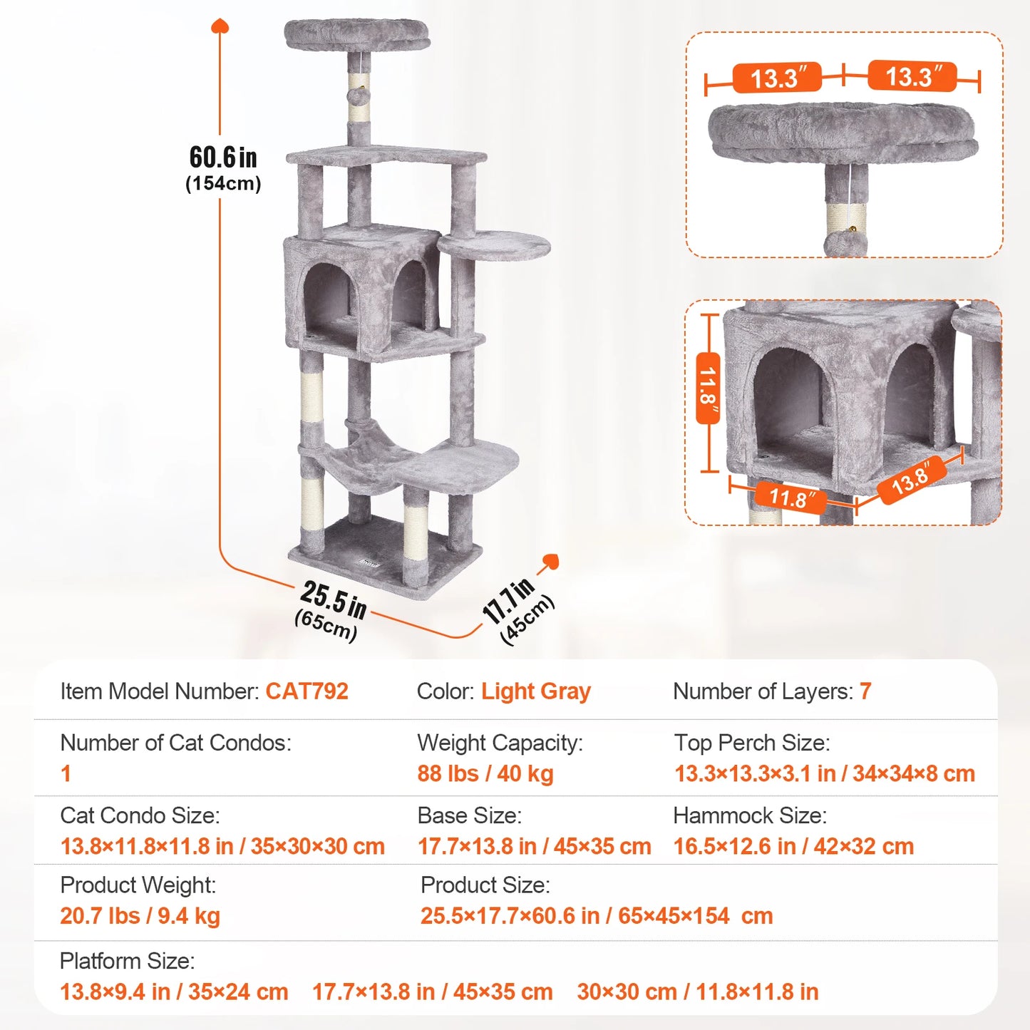 SucceBuy Cat Tree for Indoor Cats Cat Tower with Cat Condo Sisal Scratching Post HammockTop Perch Jumping Platforms Dark Grey