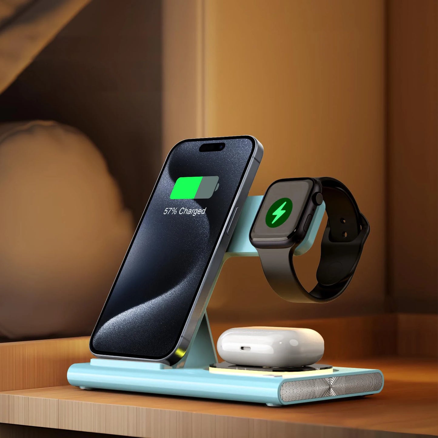 Wireless Charger Station, 4 in 1 Foldable 15W Fast Charging Wireless Charging Station with Night Light for iPhone iPods iWatch