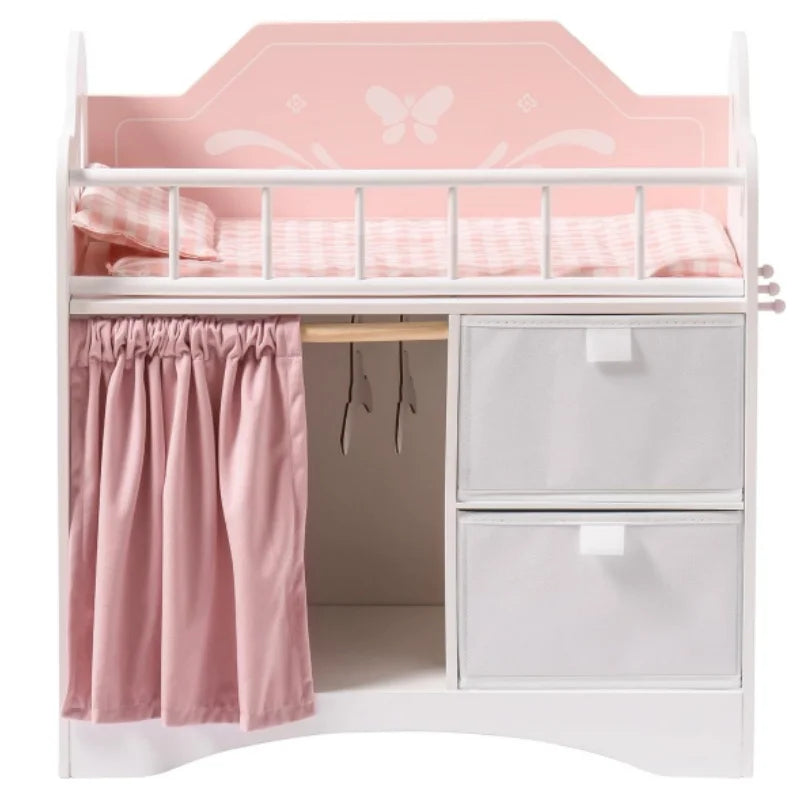 Robotime Pink Baby Doll Crib With Storage Bedding And Hooks