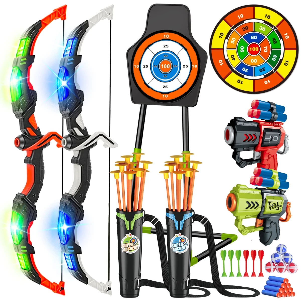 VATOS 2X Bow Arrow And Guns Toy For Kids Night Archery