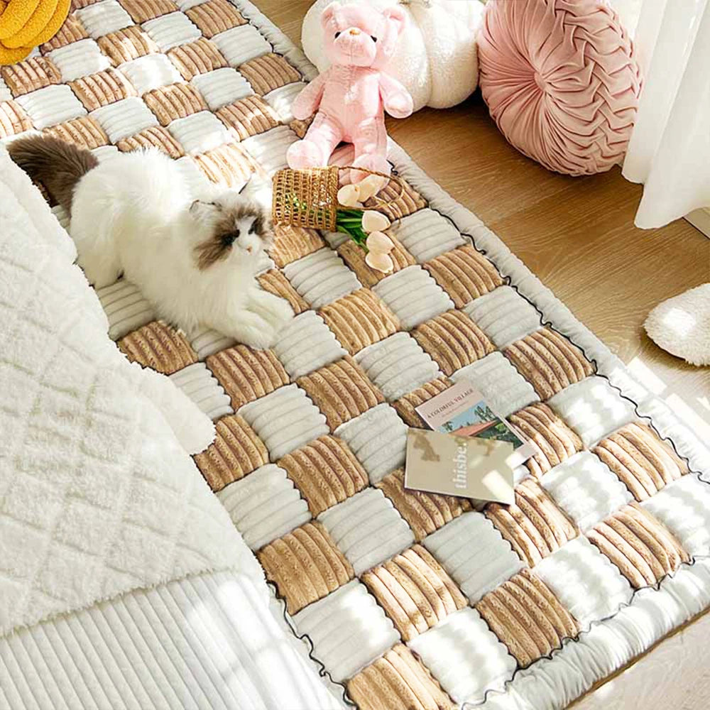 Cream Plaid Dog Bed Mat Cushion Anti Slip Washable Cover