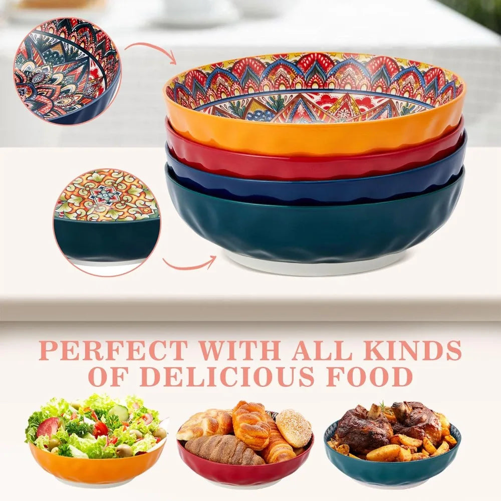 Extra Large Bohemian Ceramic Serving Bowls Set of 4 - Ideal for Salad, Soup, Fruit, Pasta, Cereal, and Microwave Use