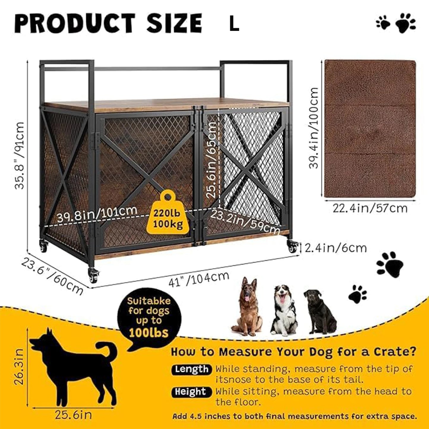 Large Wooden Dog Crate End Table Indoor With Lockable Wheels