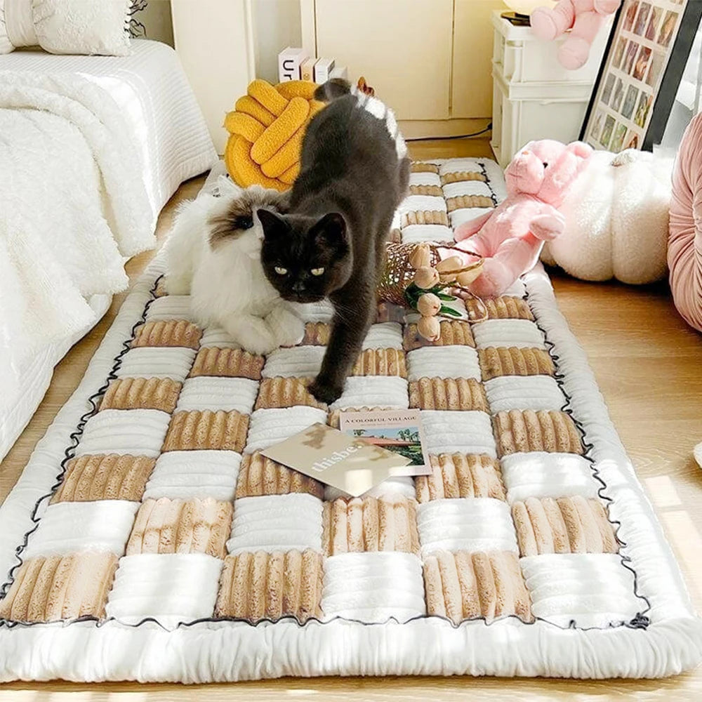 Cream Plaid Dog Bed Mat Cushion Anti Slip Washable Cover